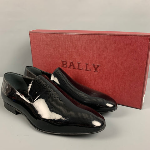BALLY Size 7.5 Black Patent Leather Slip On Loafers