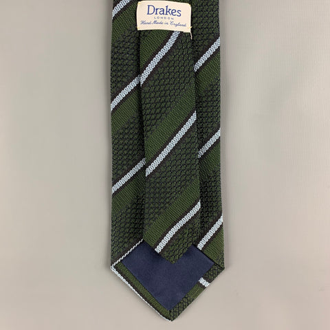 DRAKES LONDON Green Light Blue Diagonal Stripe Silk Tie