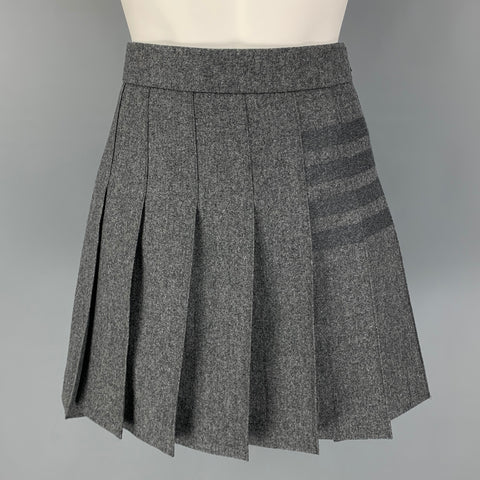 THOM BROWNE Size 4 Grey Wool Cashmere Pleated Tonal Woven 4 Bar Skirt