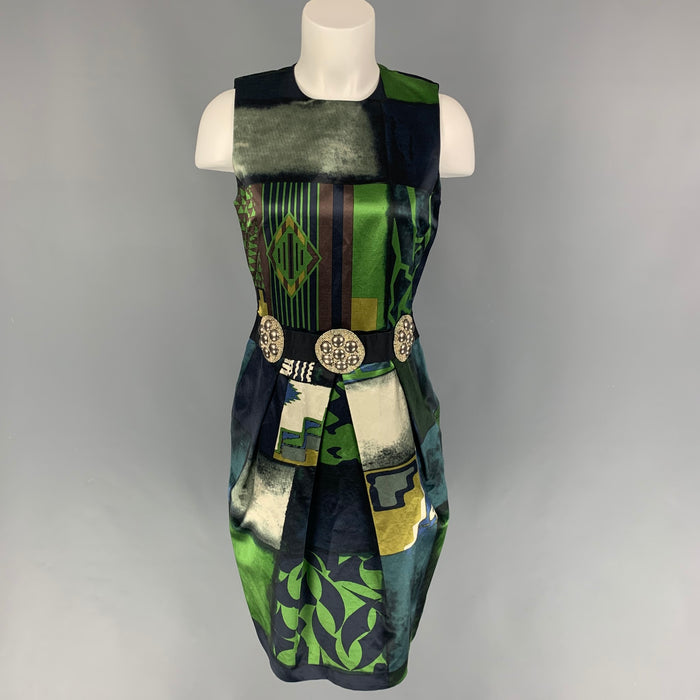 ETRO Size 6 Green Black Cotton Viscose Abstract Sleeveless Dress