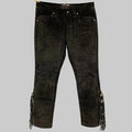 Black distressed suede western fringe pants with a zip fly closure, displayed on a hanger.