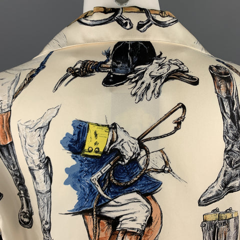 HERMES Size 6 Cream Silk Equestrian A PROPES DE BOTTES Print Blouse