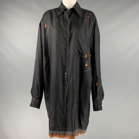 DRIES VAN NOTEN Taille XS Chemise tunique en soie imprimée noir orange blanc