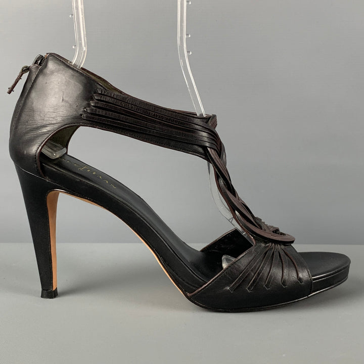 COLE HAAN Size 11 Dark Brown Leather Woven Heel Sandals