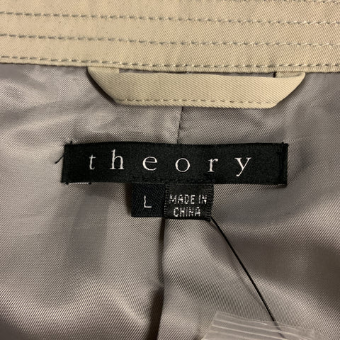 THEORY Size L Khaki Cotton High Collar Belted Cuffs Buttoned Long Jacket
