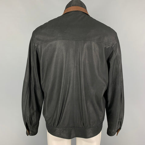 REMY Size 40 Black Brown Contrast Stitch Leather Zip Up Jacket