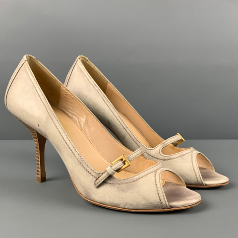 Zapatos de tacón peep toe jaspeados de cuero beige talla 7 de PRADA