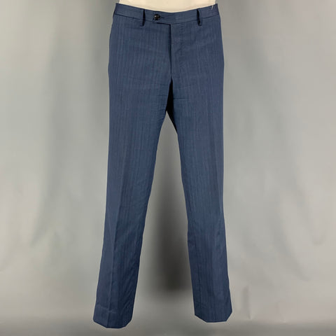 SARTORIO Talla 44 Traje Lana Rayas Azul Solapa Pico 36 34