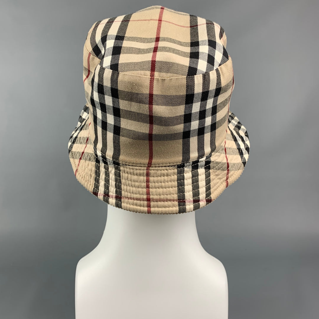 BURBERRY LONDON Beige & Tan Plaid Corduroy Cotton Reversible Bucket Hat