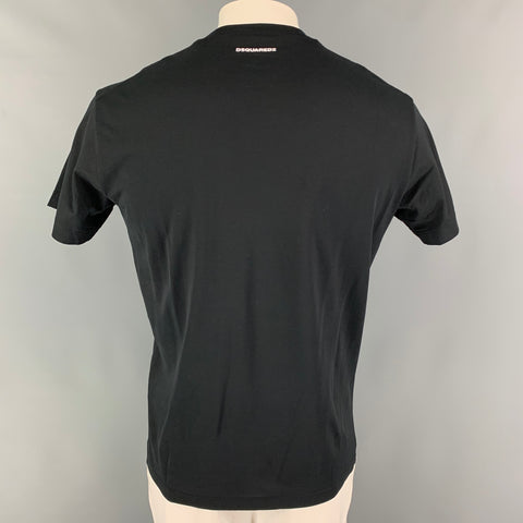 DSQUARED2 Size L Black Red Hearts Cotton Crew-Neck T-shirt