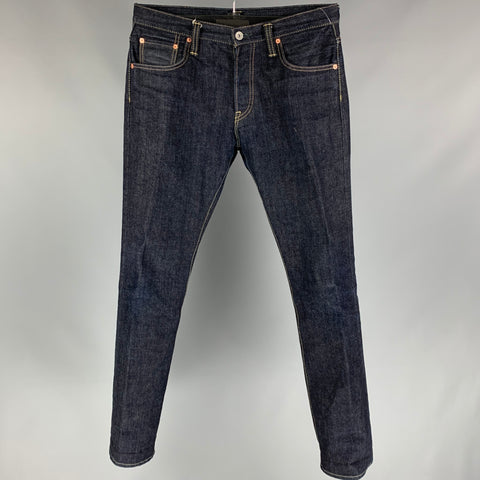 IRON HEART Talla 33 Vaqueros con bragueta de botones de mezclilla con orillo japonés azul oscuro