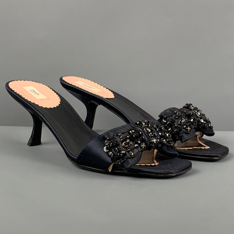 PRADA Size 6.5 Navy Silk Bow Mule Sandals