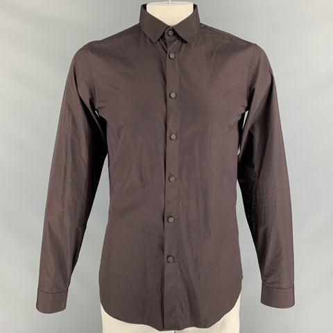 CALVIN KLEIN COLLECTION Size L Solid  Brown  Cotton Snaps  Long Sleeve Shirt