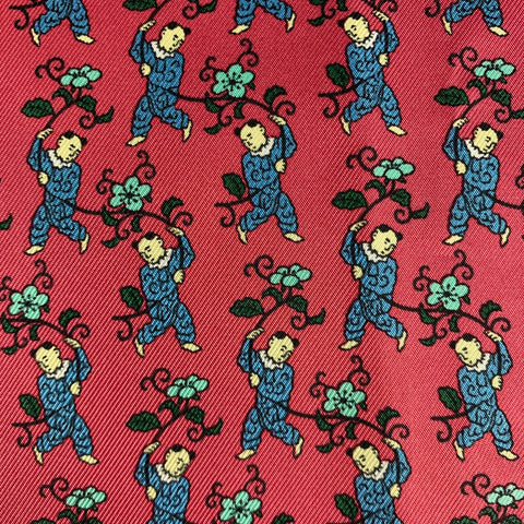 HERMES Red Blue Figures Silk Twill Pocket Square