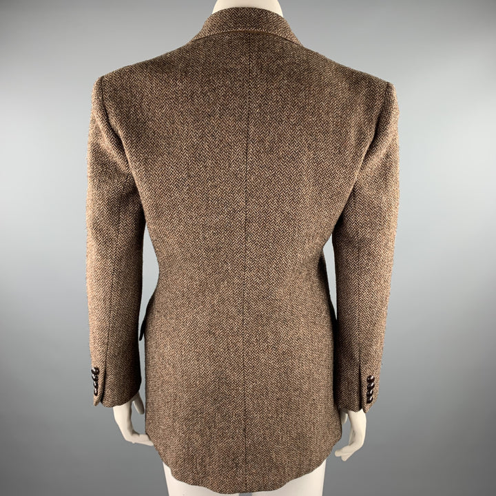 RALPH LAUREN Taille 4 Veste blazer surdimensionnée en laine à chevrons en tweed marron
