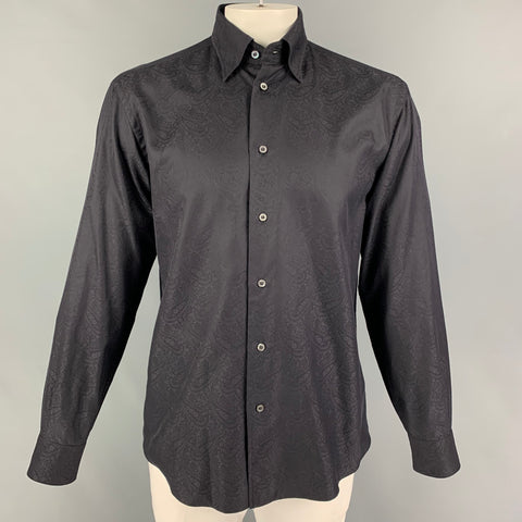BRIONI Size L Black Paisley Cotton Button Down Long Sleeve Shirt