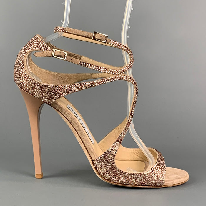 JIMMY CHOO Size 9.5 Pink Suede Rhinestones Strappy Lance Sandals