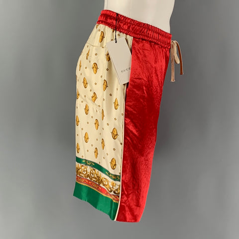 GUCCI 2019 Talla 30 Pantalones cortos de acetato con gráfico rojo beige