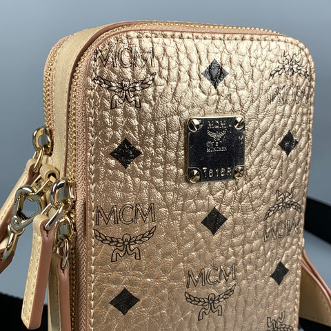 MCM Gold Black Monogram Coated Canvas Cross Body Camera Bag