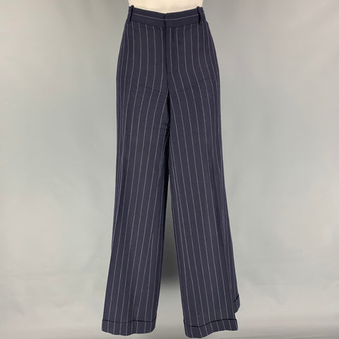 RALPH LAUREN Blue Label Talla 10 Pantalones de vestir de pierna ancha con mezcla de lino a rayas blancas y azul marino