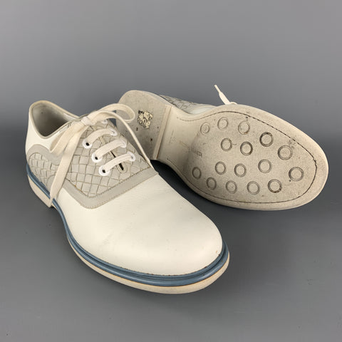 BOTTEGA VENETA Size 12 White & Grey Woven Leather Contrast Trim Lace Up Shoes