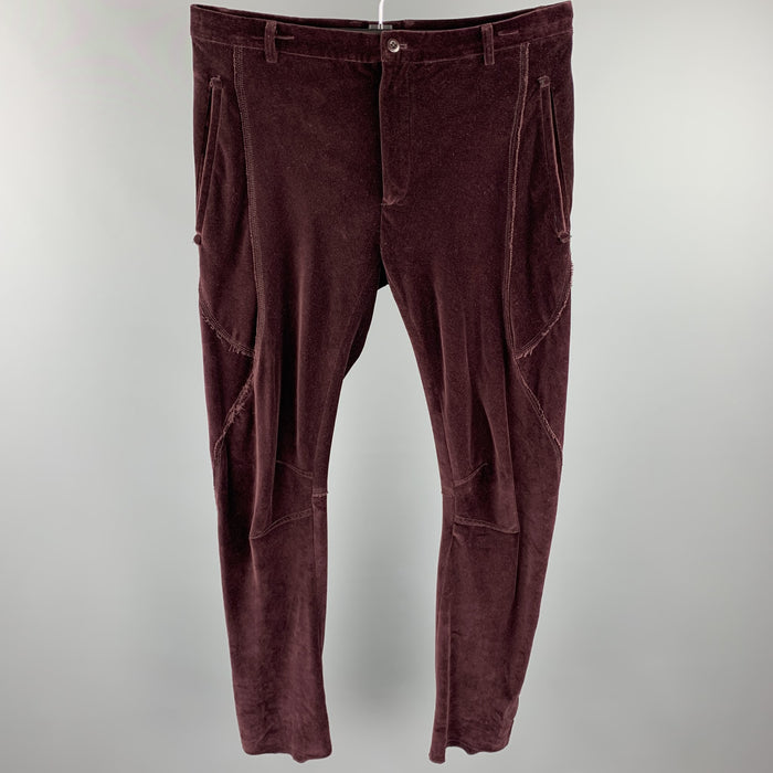 LANVIN Size 32 Burgundy Solid Cotton Velvet Zip Up Casual Pants