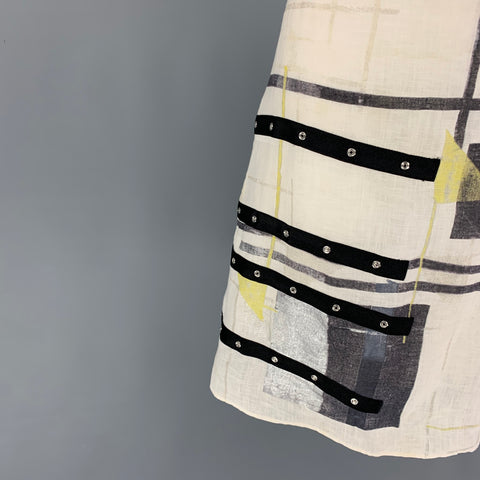 HUGO by HUGO BOSS Size 2 White Black Yellow Linen Ribbon A-Line Below Knee Skirt