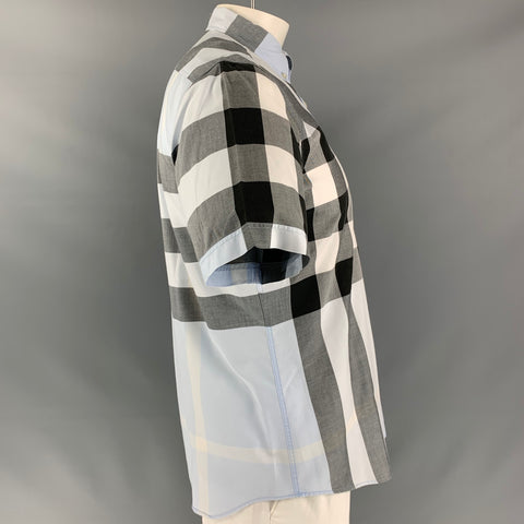 BURBERRY BRIT Size L Blue & Gray Plaid Cotton Button Down Short Sleeve Shirt