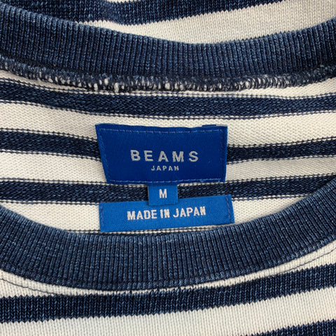 BEAMS Size M Navy & White Stripe Cotton Crew-Neck Pullover