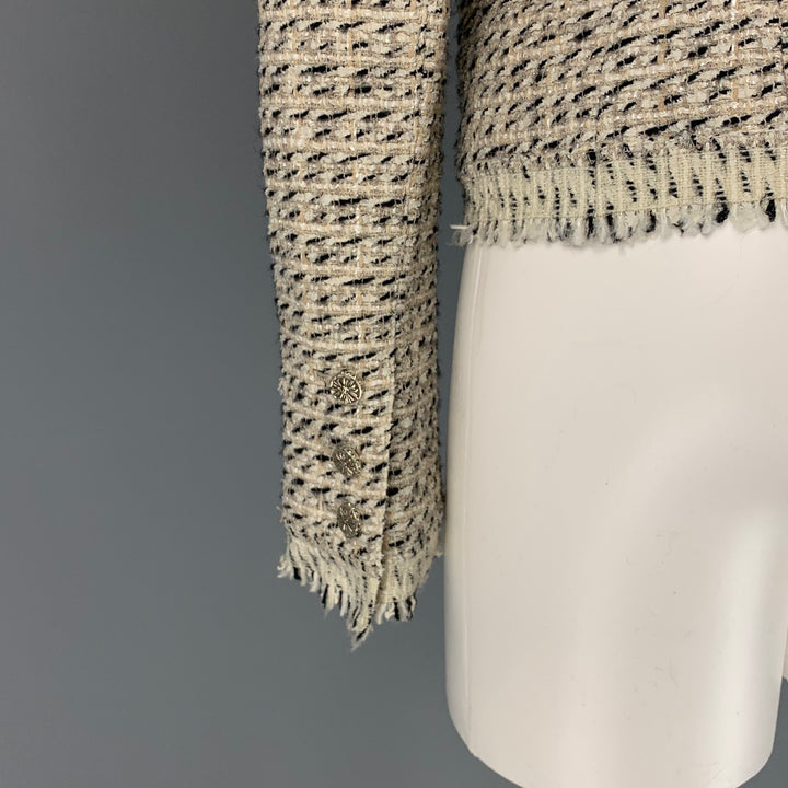 CHANEL Size 6 Cream & Black Boucle Cotton Blend Jacket