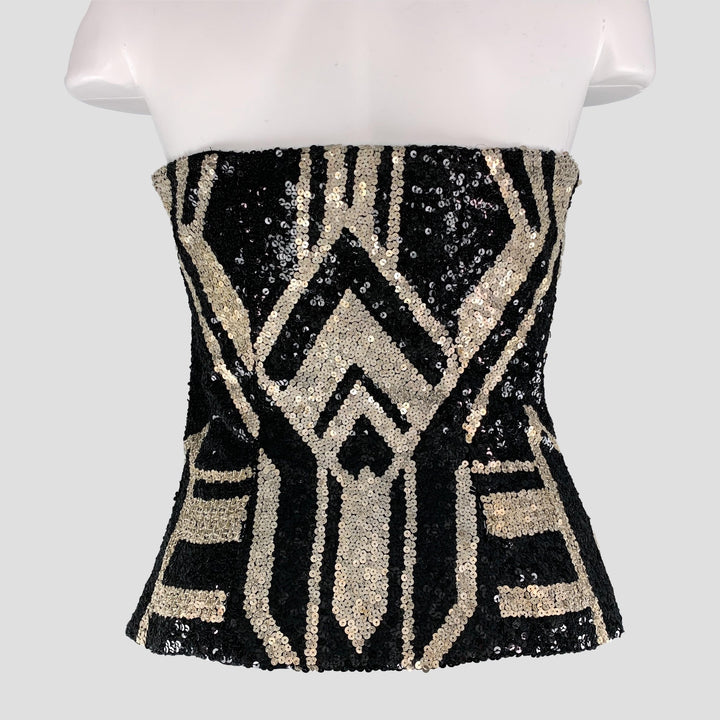 RALPH LAUREN COLLECTION Size 0  Black & Silver Silk Art Deco Sequined Bustier Dress Top