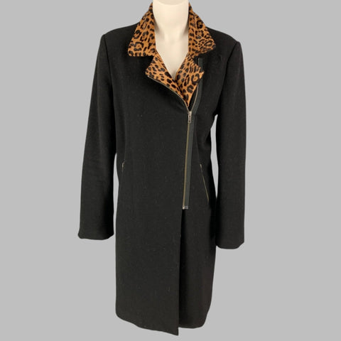MASON Taille 8 Noir Tan Léopard Imprimé Pont Cheveux Laine Mélange Manteau
