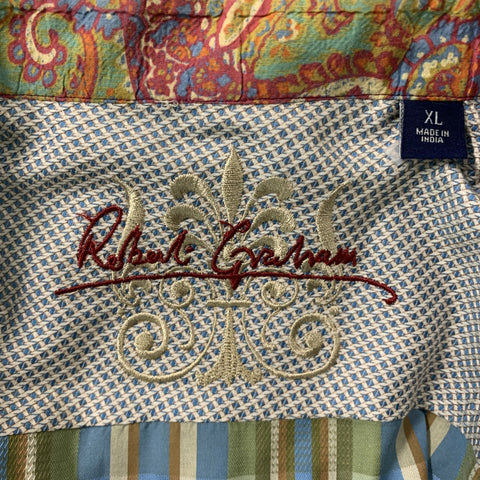 ROBERT GRAHAM Size XL Green, Blue & Tan Plaid Cotton Button Up Long Sleeve Shirt