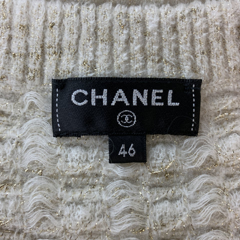 CHANEL Talla 10 Vestido de manga corta de punto con brillo metálico color crema y dorado