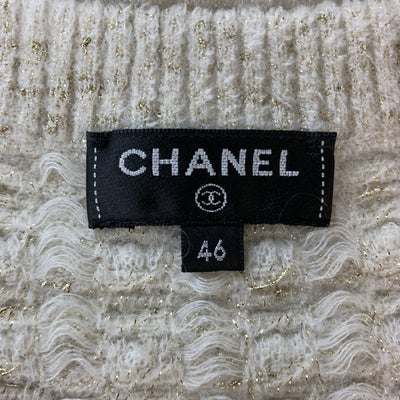 CHANEL Size 10 Cream & Gold Metallic Sparkle Knit Short Sleeve Dress
