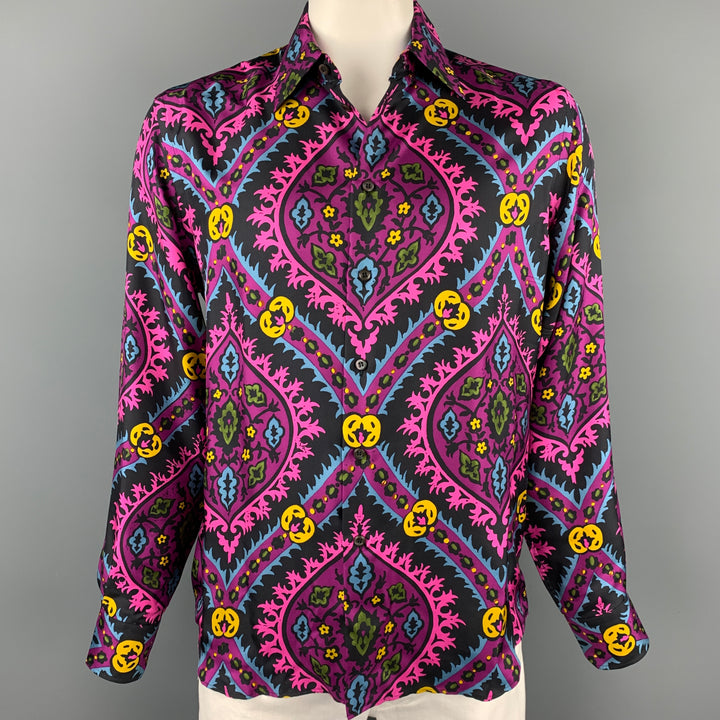 PRADA x HOLLIDAY BROWN Size L Purple & Black Abstract Silk Button Up Long Sleeve Shirt