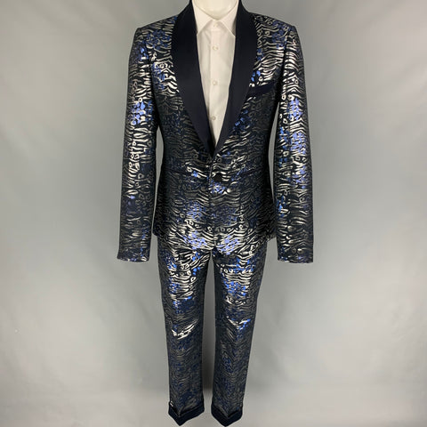 MARCELL VON BERLIN Size 40 Black Silver Blue Metallic Shawl Collar Suit