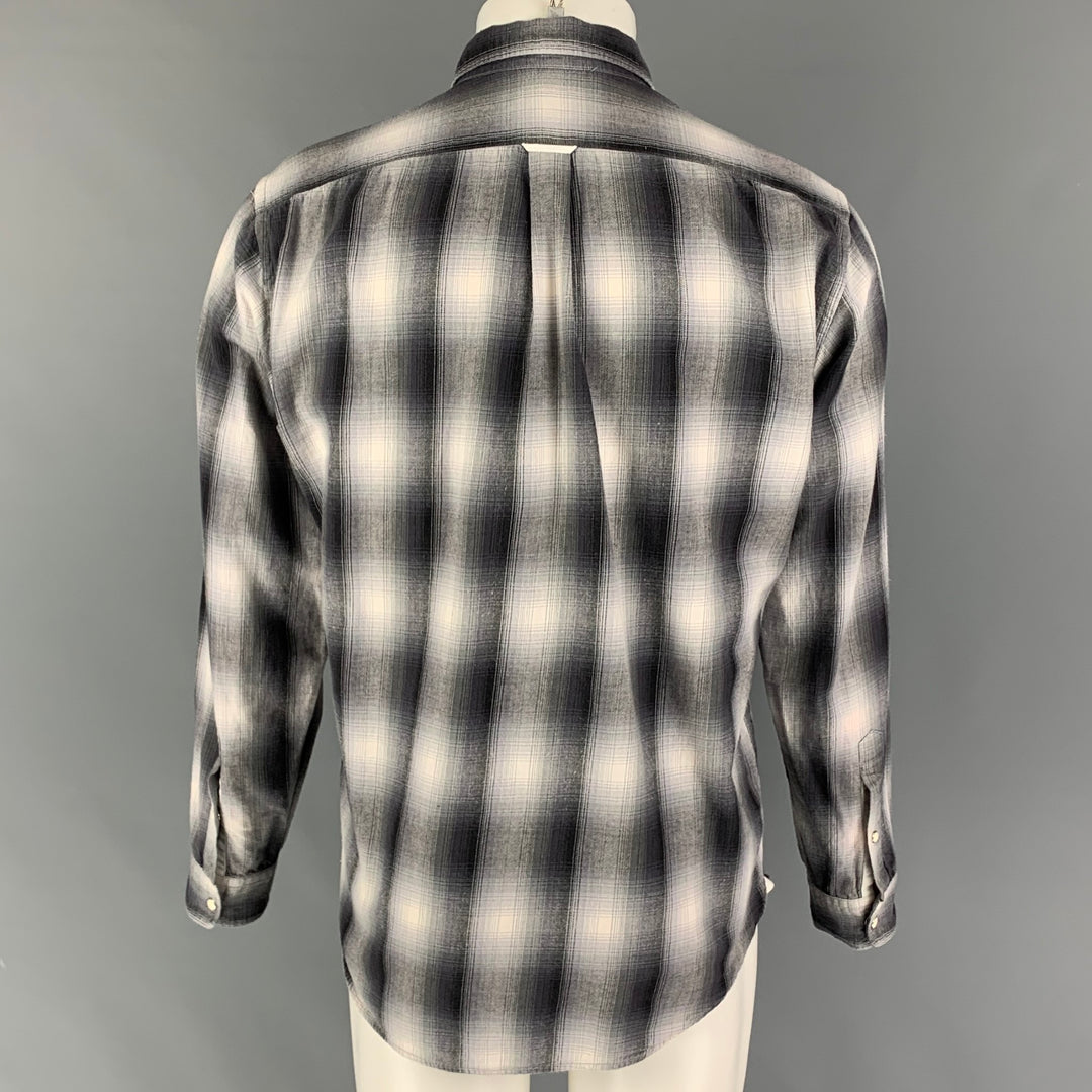 DELUXE Size M Grey White Plaid Cotton Long Sleeve Shirt