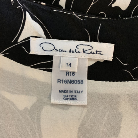OSCAR DE LA RENTA 14 Black & White Floral Stretch Silk Sleeveless Shift Dress