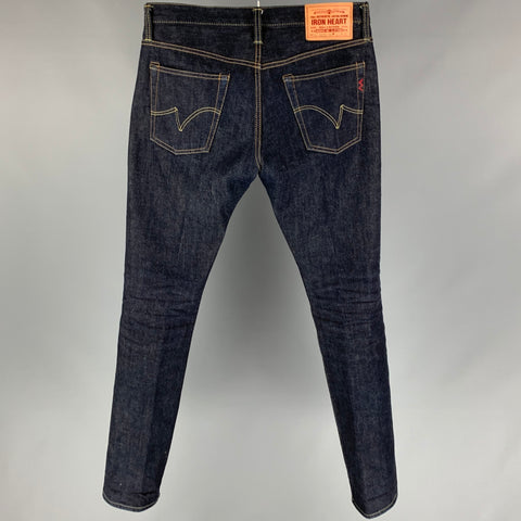 IRON HEART Talla 33 Vaqueros con bragueta de botones de mezclilla con orillo japonés azul oscuro