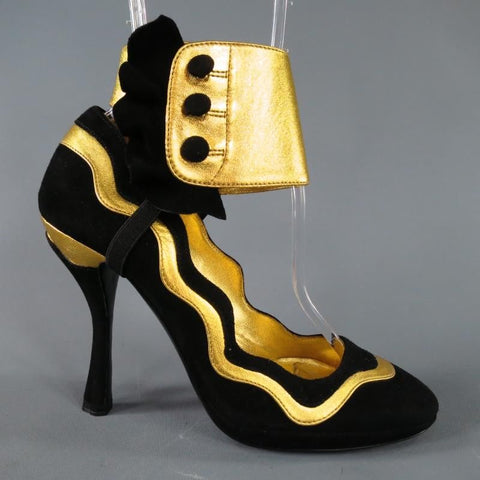 PRADA Primavera 2008 Talla 6 Zapatos de tacón metálicos con puños y volantes en ante negro y dorado