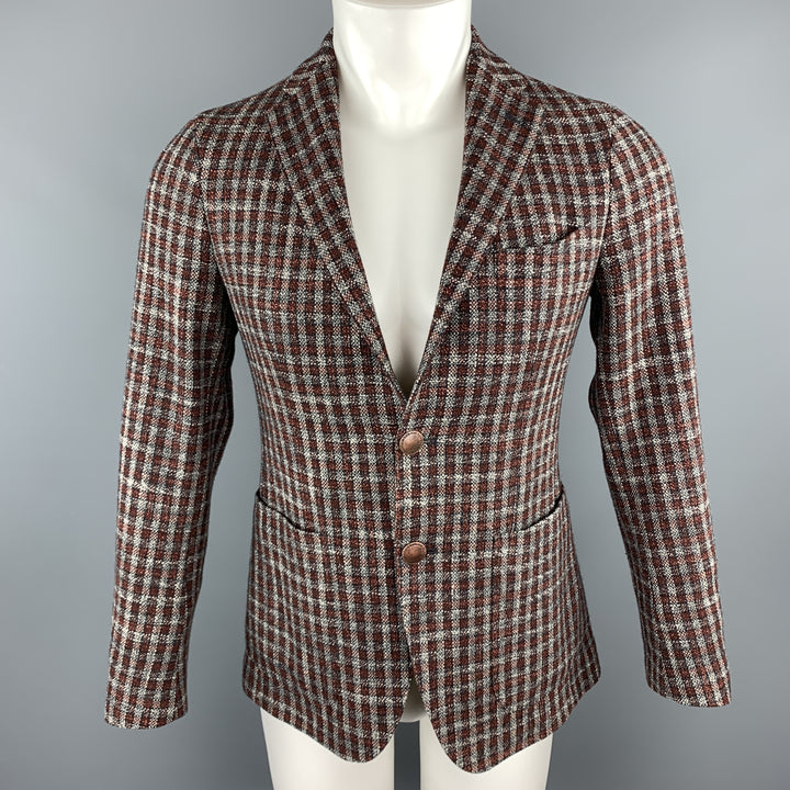 TAGLIATORE Size 34 Brown Plaid Wool / Silk Notch Lapel Metal Button Sport Coat
