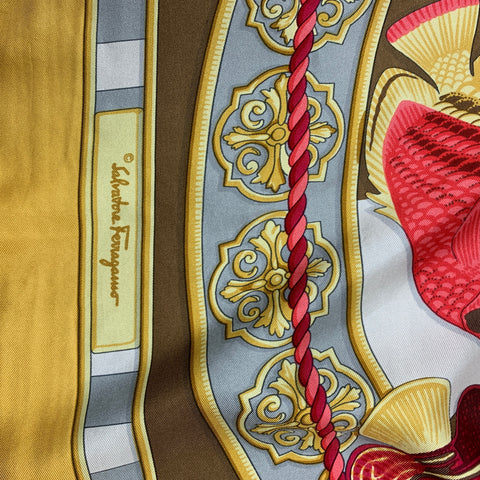 SALVATORE FERRAGAMO Yellow & Red Fish Print Twill Scarf