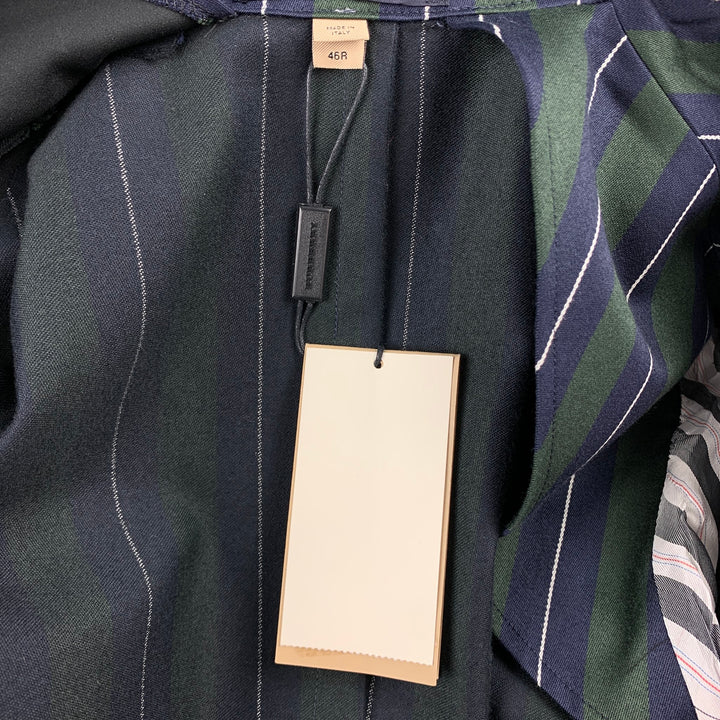BURBERRY Size 36 Regular Green & Navy Vertical Stripe Wool / Cotton Notch Lapel Suit