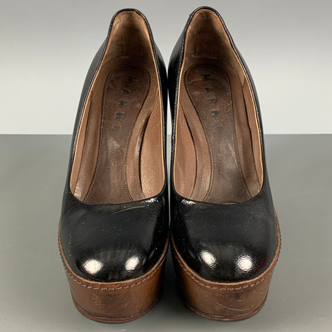 MARNI Size 5.5 Black Brown Two Tone Patent Leather Platform Pumps