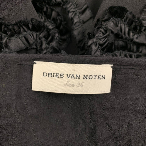 DRIES VAN NOTEN Size S Black Silk Ruffled Crew-Neck Dress Top