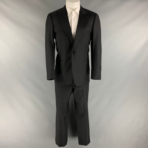 BATTISTONI Size 38 Black Solid Wool Peak Lapel Tuxedo