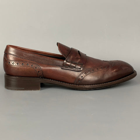 PRADA Size 10.5 Brown Perforated Leather Wingtip Slip On Loafers