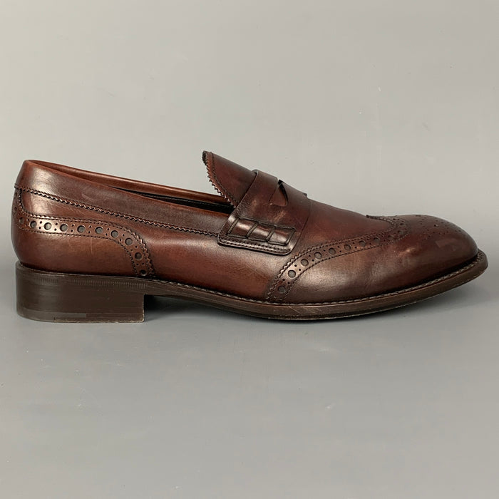 PRADA Size 10.5 Brown Perforated Leather Wingtip Slip On Loafers