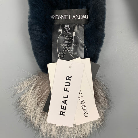 ADRIENNE LANDAU Navy Woven Fur Pom Pom Scarf